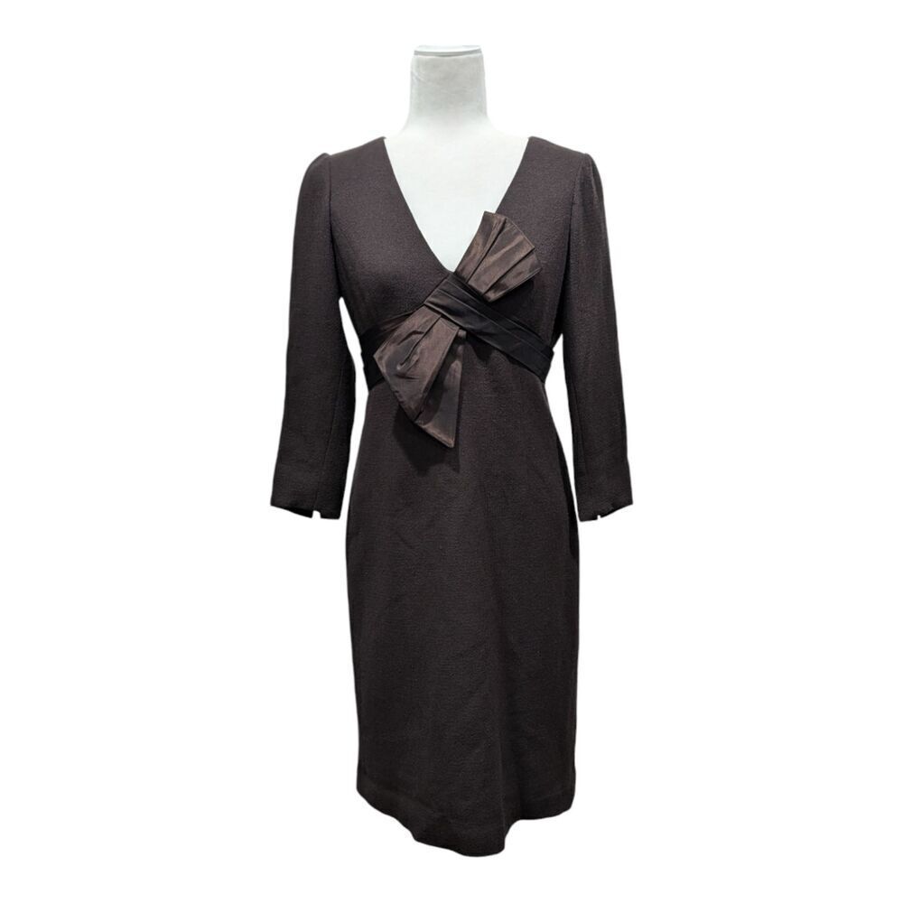 Rickie Freeman for Teri Jon Chocolate Brown 100% Wool Crepe Tuxedo Bow Dress, 6